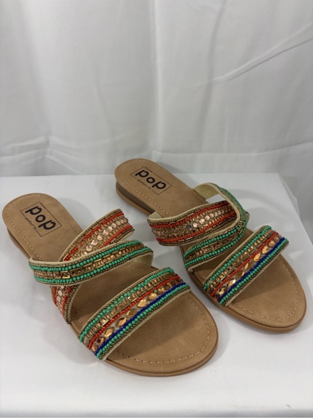 NWT pop Women’s Size 9 Multicolor Beaded Triple-Strap Slide Sandals